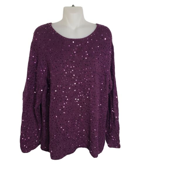 Maggie Sweet Womens Sweater Large Purple Sequin Knit Pullover Crew Neck Long Slv - Picture 1 of 8